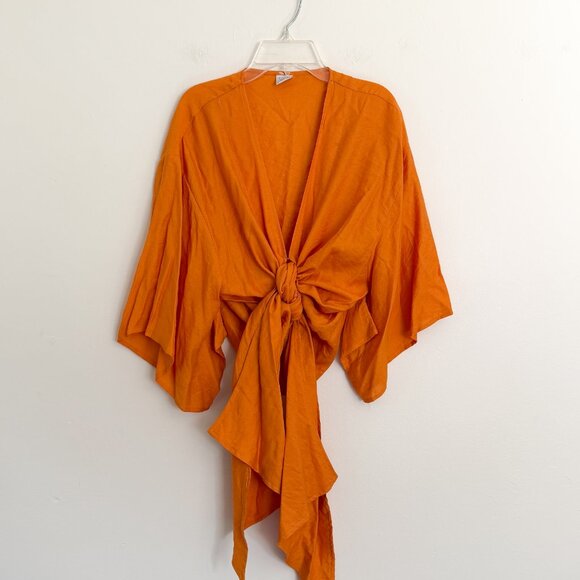 Selfie Leslie // orange mustard yellow Rivera Deep V Waist Tie Top XL - Picture 6 of 7